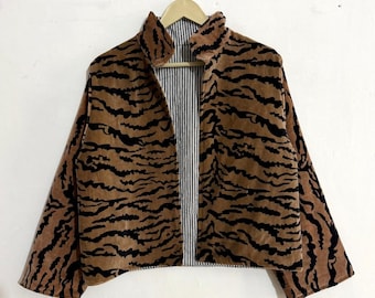 Tiger Print Velvet Cropped Jacket – Boho Statement Outerwear