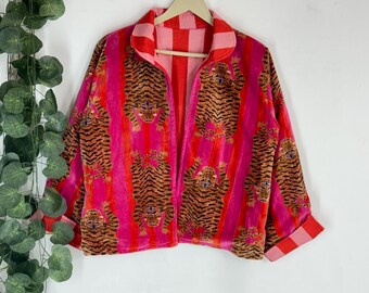 Pink Tiger Print Velvet Crop Jacket | Boho Women Outerwear