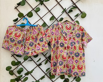 Girls Cotton Pajama Set – Hand-Blocked Floral Print Sleepwear, Matching Pouch Bag
