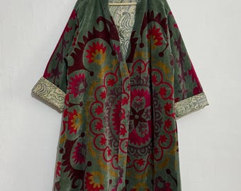Velvet Kimono Robe, Suzani Print Jacket, Boho Festival Duster, Cotton Lounge Wear