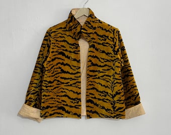 Velvet Tiger Print Cropped Jacket, Handmade Animal Print Coat, Statement Outerwear