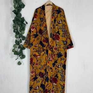 Mustard Floral Velvet Kimono Robe – Boho Duster Jacket, Bridal Lounge Wear