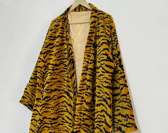 Velvet Tiger Print Kimono Robe, Boho Festival Duster Jacket, Handmade Lounge Wear