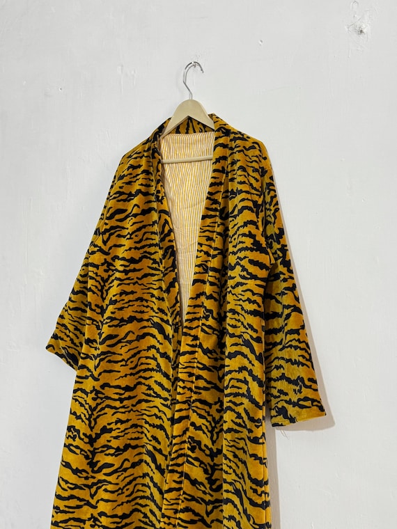 Velvet Tiger Print Kimono Robe, Boho Festival Duster Jacket, Handmade Lounge Wear