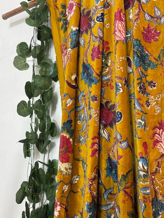 Mustard Floral Cotton Velvet Fabric – Hand Screen-Printed Artisan Textile by Yard