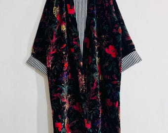 Black Floral Velvet Kimono Jacket, Boho Long Coat, Vintage Style Women Outerwear