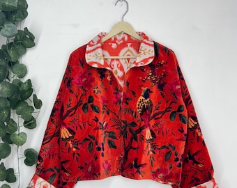 Red Floral Velvet Crop Jacket – Women’s Boho Printed Winter Top