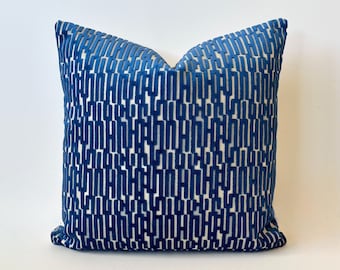 Bright blue cut velvet geometric decorative pillow cover