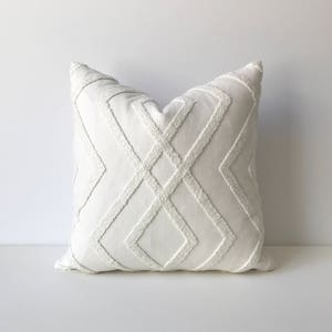 White embroidered geometric trellis decorative pillow cover image 1