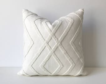 White embroidered geometric trellis decorative pillow cover