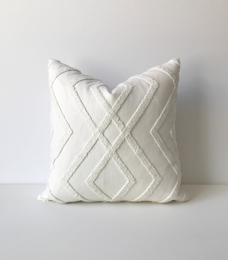 White embroidered geometric trellis decorative pillow cover image 1