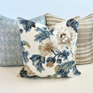 Blue, gold, teal, beige and white linen floral decorative throw pillow cover