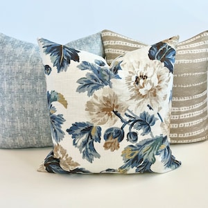 Blue, gold, teal, beige and white linen floral decorative throw pillow cover