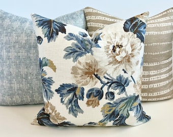 Blue, gold, teal, beige and white linen floral decorative throw pillow cover