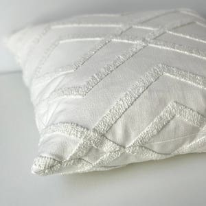 White embroidered geometric trellis decorative pillow cover image 3