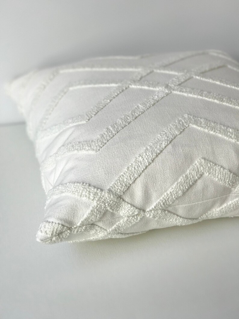 White embroidered geometric trellis decorative pillow cover image 3