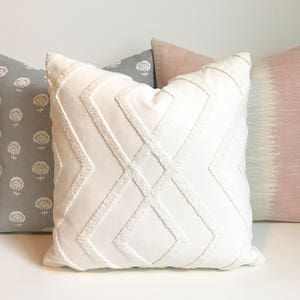 White embroidered geometric trellis decorative pillow cover image 4