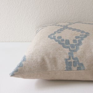 Light Blue and Oatmeal Tan Moroccan Geometric Diamond Ikat Decorative Pillow Cover image 3