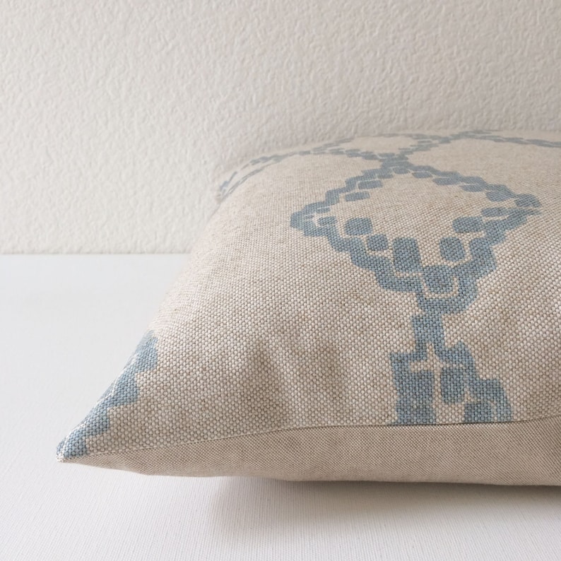 Light Blue and Oatmeal Tan Moroccan Geometric Diamond Ikat Decorative Pillow Cover image 3