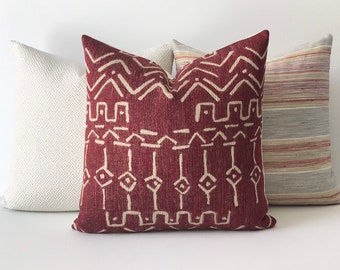 Red Burgundy chenille tribal mud cloth geometric print decorative pillow cover