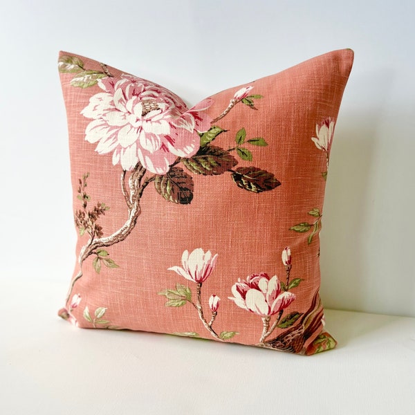 Coral orange clay pink and green bird floral decorative throw pillow cover
