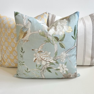 Light blue and green bird and butterfly floral linen Decorative Pillow Cover