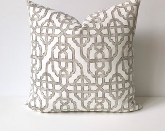 Taupe gray and white trellis decorative pillow cover, imperial lattice pillow