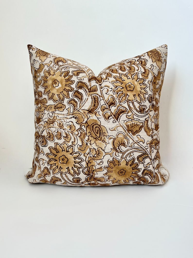 Gold and cognac brown floral decorative pillow cover image 4