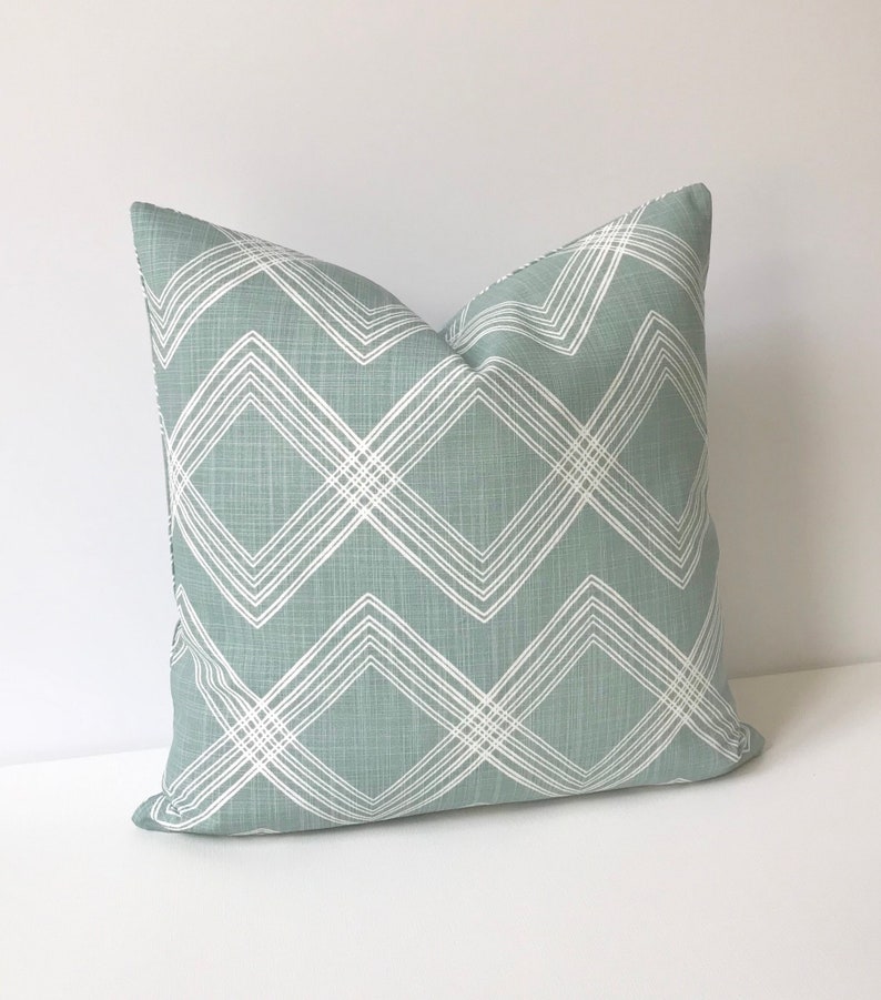 Light sage green and white modern sketch trellis geometric diamond print decorative pillow cover image 2