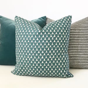 Double sided, Dark teal and cream heart arrow ikat geometric decorative pillow cover, accent pillow, throw pillow image 1