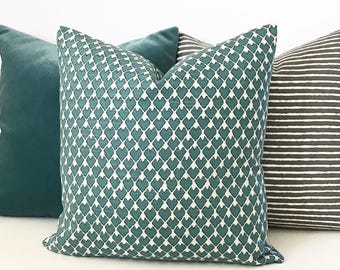 Double sided, Dark teal and cream heart arrow ikat geometric decorative pillow cover, accent pillow, throw pillow