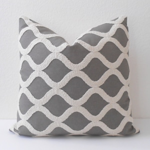 Gray and cream tufted embroidered geometric trellis decorative pillow cover