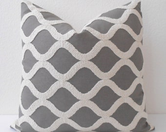Gray and cream tufted embroidered geometric trellis decorative pillow cover