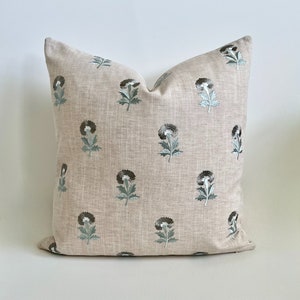 Beige natural, gray and green embroidered floral boho dots decorative pillow cover