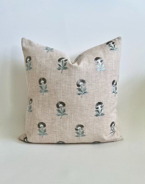 Beige natural, gray and green embroidered floral boho dots decorative pillow cover