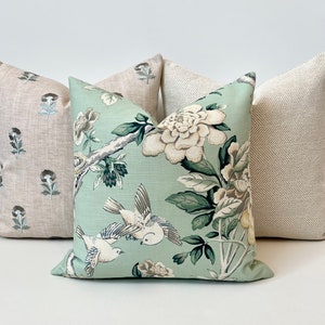 Light mint green, beige, dark green and gray bird floral decorative pillow cover