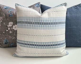 Light blue, navy and off white embroidered boho striped decorative pillow cover