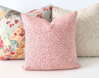 Coral pink and cream chenille confetti polka dot decorative throw pillow cover