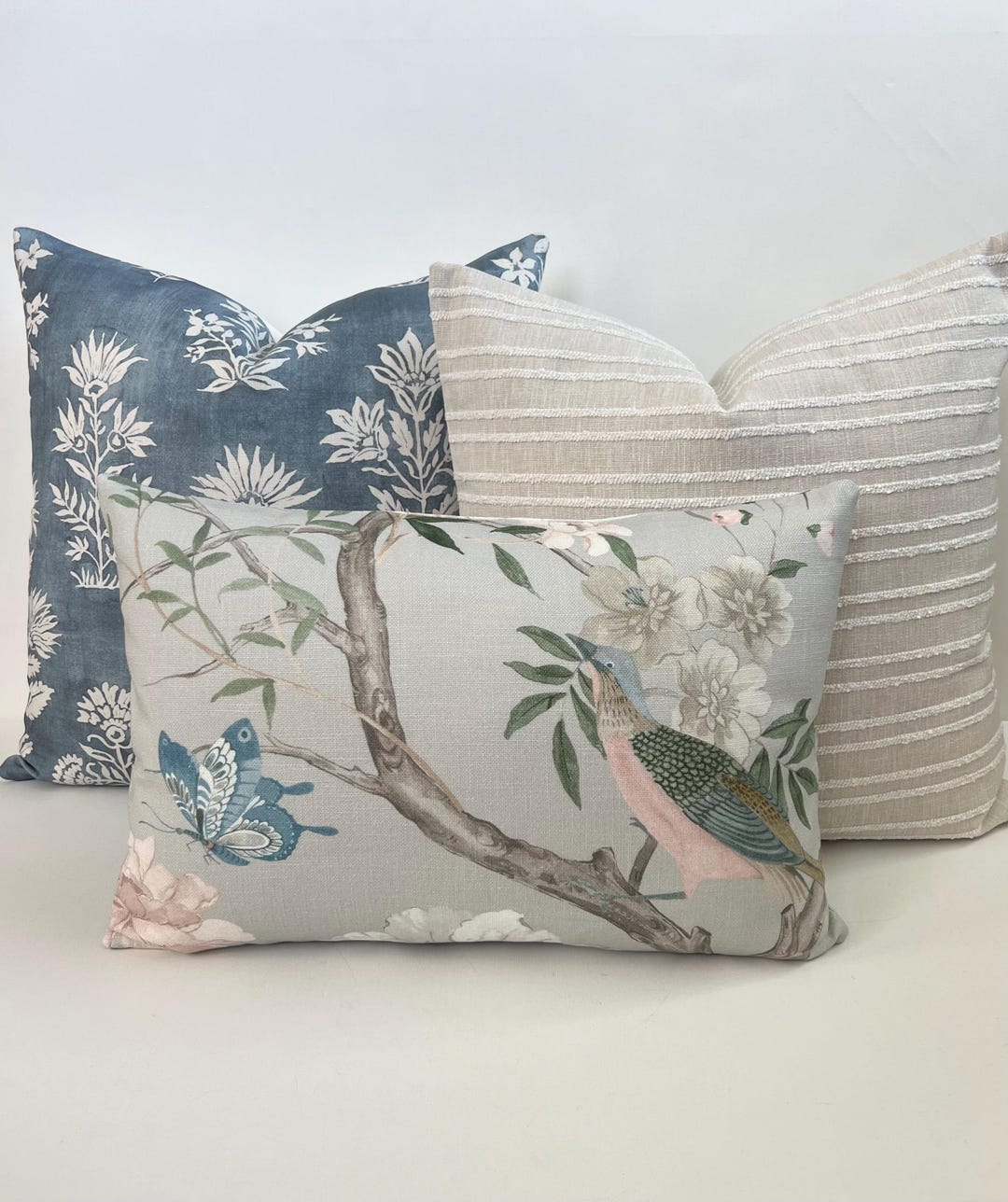 Gray taupe, blue, green bird and butterfly floral linen Decorative Pillow Cover - 22x22, True size in inches