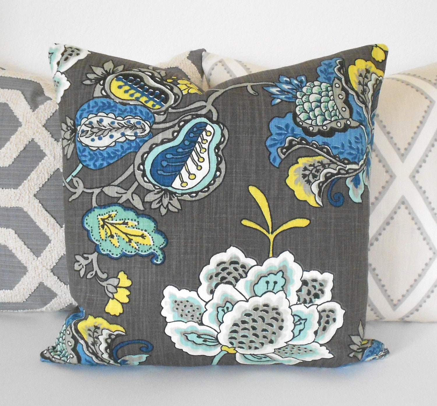 Blue and gray floral decorative pillow cover Etsy