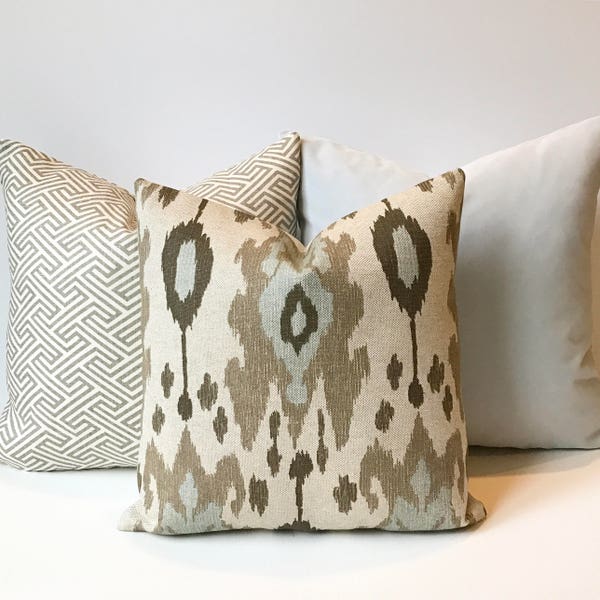 Ikat decorative pillow cover, light blue, brown and grey, throw pillow