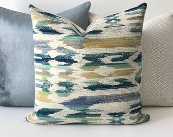 Southwestern ikat boho multicolor blue, yellow, teal, green Decorative Pillow Cover