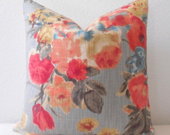 Gray, red, blue multicolor watercolor floral decorative pillow cover