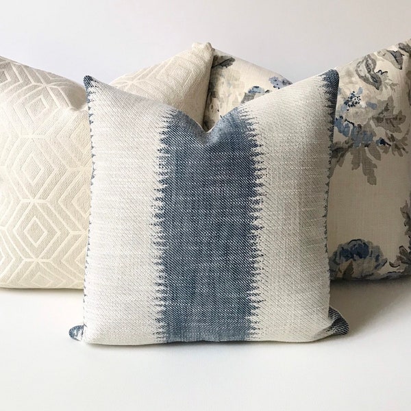 Navy indigo blue ikat striped boho Decorative Pillow Cover