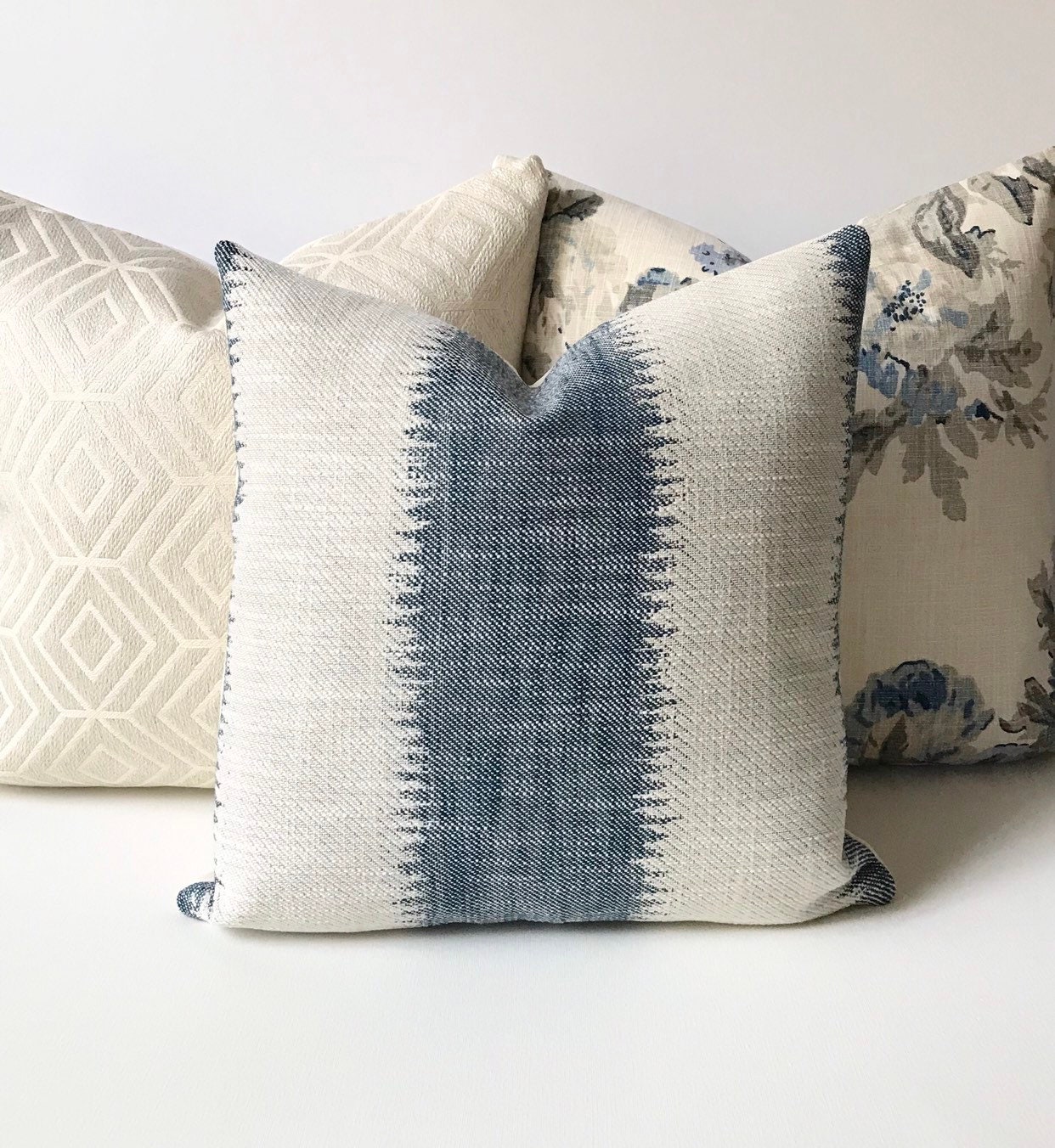 Navy indigo blue ikat striped boho Decorative Pillow Cover