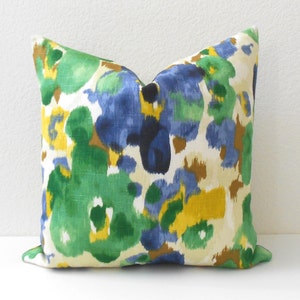 Blue, green and yellow watercolor floral decorative pillow cover, dwell landsmeer pillow image 1