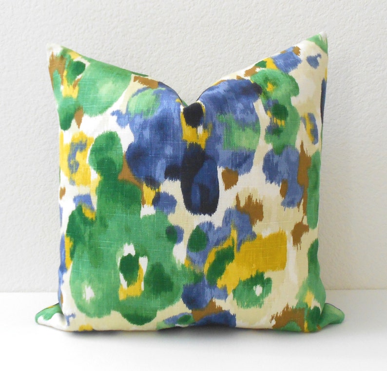 Blue, green and yellow watercolor floral decorative pillow cover, dwell landsmeer pillow image 1