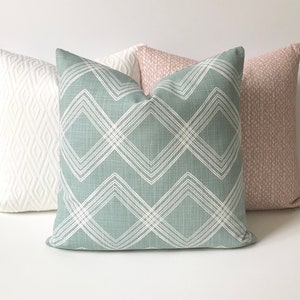 Light sage green and white modern sketch trellis geometric diamond print decorative pillow cover image 5