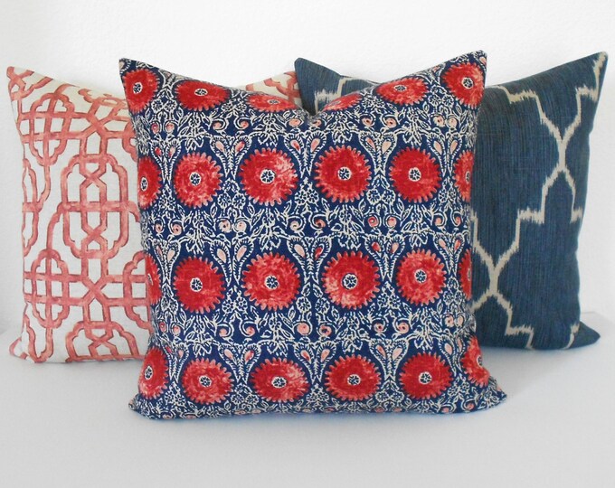 Navy and Red Medallion Floral Decorative Throw Pillow Cover, Indigo