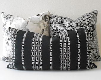 Black and white boho embroidered striped decorative pillow cover